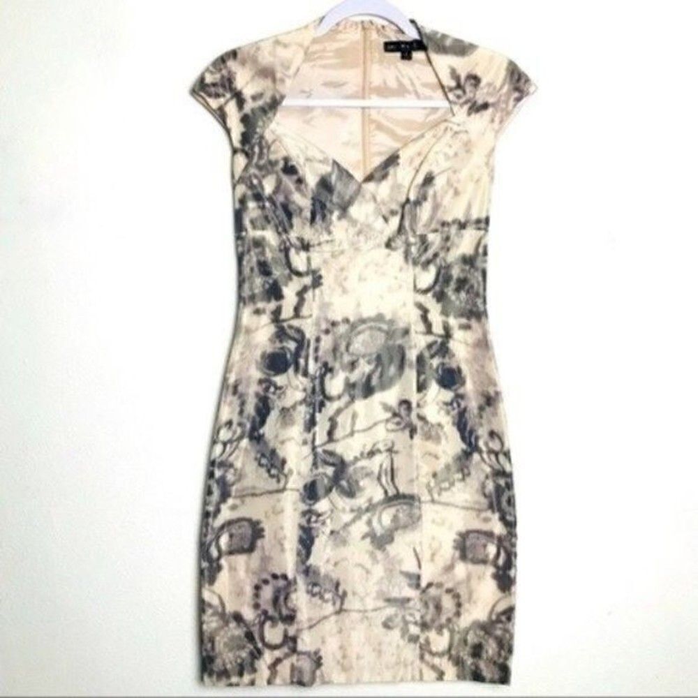 Aidan Mattox bodycon dress cream gray floral print  sz 2 BoxQ